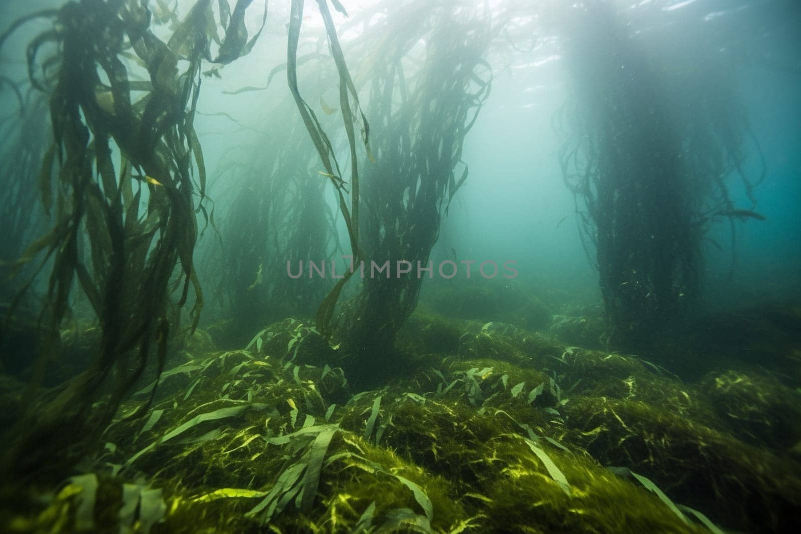 The mysterious beauty of this kelp forest is awe-inspiring, with the swaying fronds creating a hazy, dreamlike atmosphere. The peacefulness of the underwater scene is perfectly captured in this abstract, soft focus photograph. (generative AI)