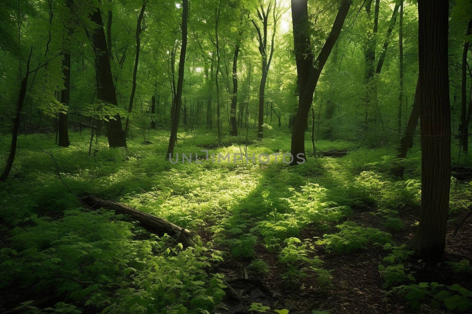 A tranquil oasis in the heart of the forest, this clearing glows with the soft light of the sun filtering down through the leaves. The scene is vertical and cool, with a calming green hue and leafy texture. This scene can evoke feelings of peace, serenity and zen-like calm. (generative AI)