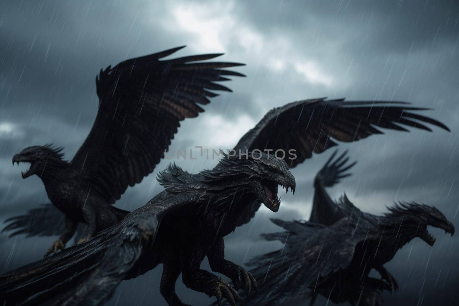 Flying griffins are a powerful symbol of freedom and strength, representing the limitless potential of the animal kingdom. In this scene, a pack of griffins is seen flying through a stormy sky, creating a dramatic and mythical ambiance that is both cinematic and sharp. (generative AI)