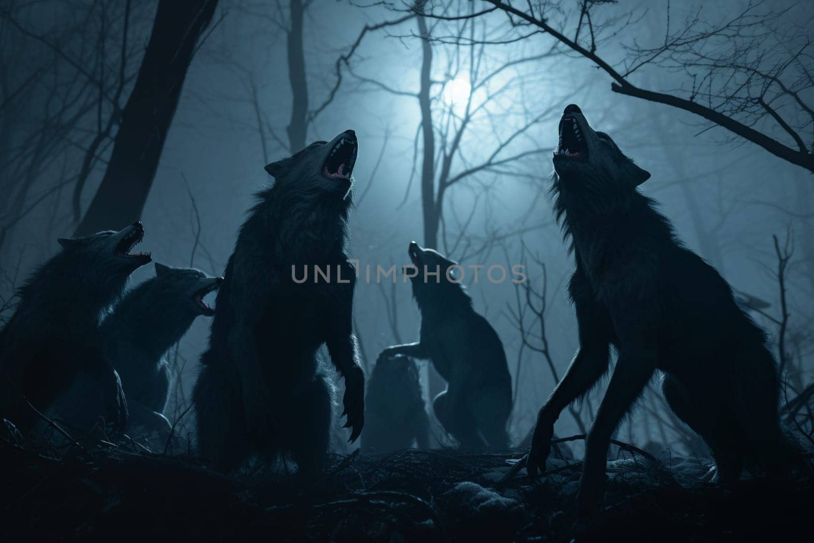 This scene depicts a pack of werewolves howling at the full moon in a dark forest. The moonlight creates a mysterious and eerie atmosphere that adds to the drama of the scene. (generative AI)
