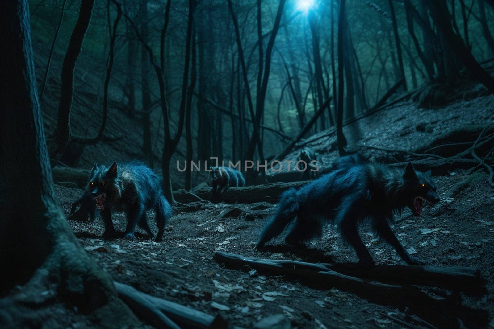 Werewolves are supernatural creatures that can transform from human to wolf-like forms under the light of the full moon. In this scene, a pack of werewolves can be seen hunting in a dark forest at night, creating a mysterious and eerie ambiance. The dark blue and green colors, blurred images, and shadowy figures add to the supernatural feeling of the scene. (generative AI)