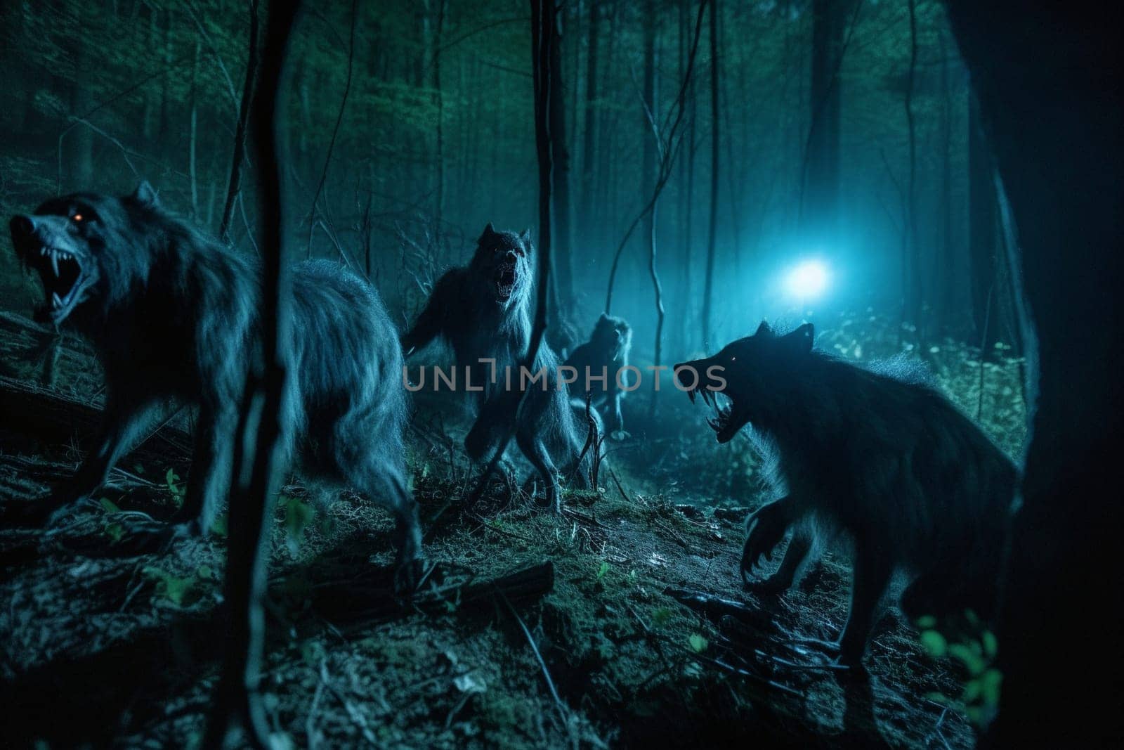 Werewolves are supernatural creatures that can transform from human to wolf-like forms under the light of the full moon. In this scene, a pack of werewolves can be seen hunting in a dark forest at night, creating a mysterious and eerie ambiance. The dark blue and green colors, blurred images, and shadowy figures add to the supernatural feeling of the scene. (generative AI)