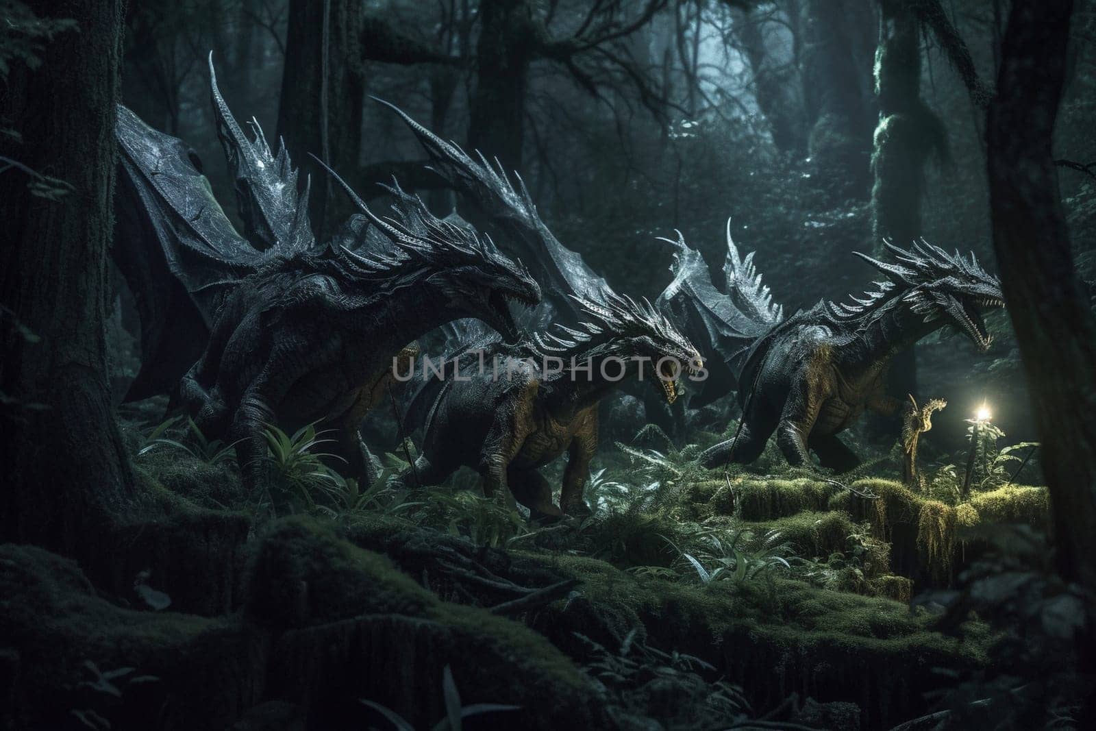 Weredragons are mythical creatures that combine the strength and power of a dragon with the cunning and agility of a wolf. In this scene, a pack of weredragons is seen hunting in a dark forest, creating a mysterious and spooky ambiance that is both ethereal and ominous. (generative AI)