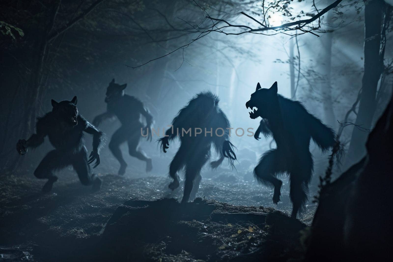 Werewolves are legendary creatures that are half-man, half-wolf. In this scene, a pack of werewolves is spotted running through a moonlit forest, creating a mysterious and moody ambiance that is both dramatic and spooky. (generative AI)