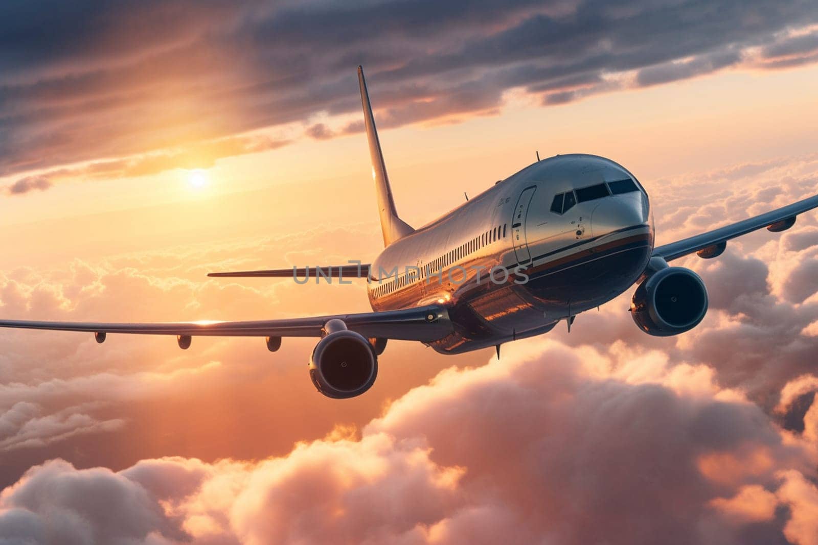 The airliner flies effortlessly through the clouds at sunset, its engines roaring as it takes passengers to their destinations. The warm tones of the sunset create a beautiful contrast with the cool blue tones of the sky, making for a stunning scene in the air. (generative AI)
