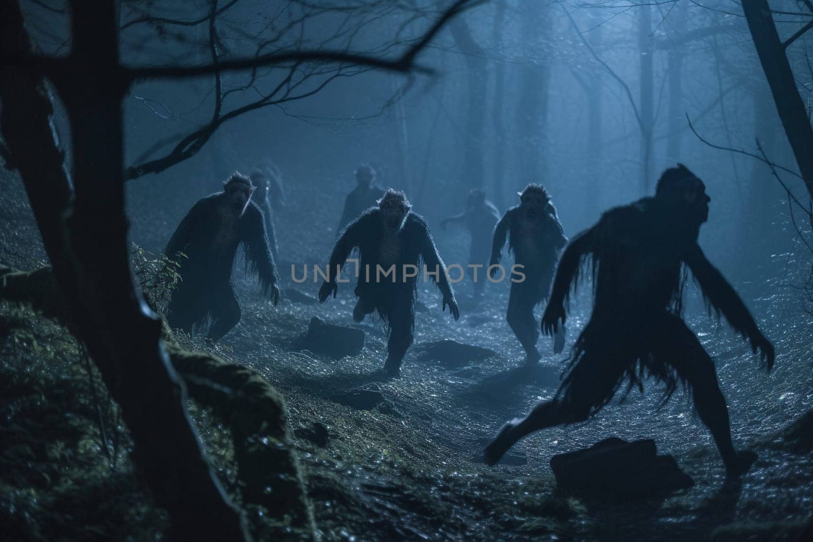 Werewolves are legendary creatures that are half-man, half-wolf. In this scene, a pack of werewolves is spotted running through a moonlit forest, creating a mysterious and moody ambiance that is both dramatic and spooky. (generative AI)