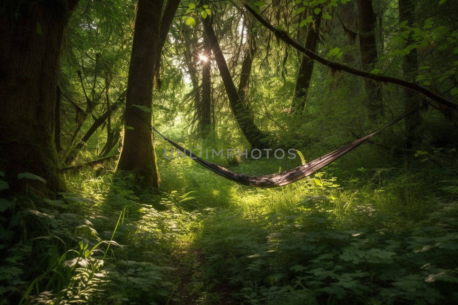 In the middle of a lush forest, there is a tranquil clearing where a hammock is hanging between two trees. The dappled sunlight filters through the trees, casting a warm glow over the peaceful scene. This is a perfect spot to relax, unwind, and feel one with nature. (generative AI)