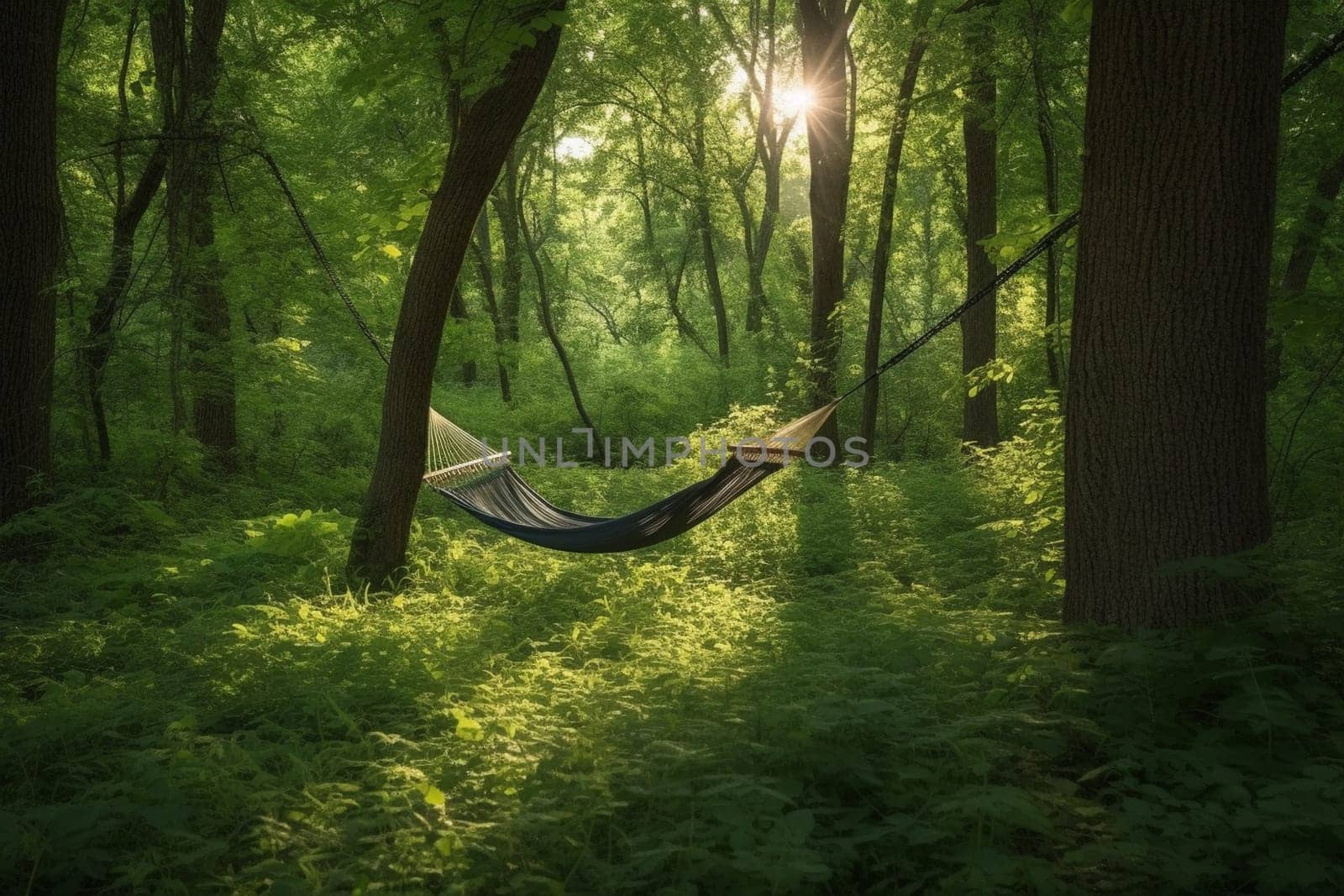In the middle of a lush forest, there is a tranquil clearing where a hammock is hanging between two trees. The dappled sunlight filters through the trees, casting a warm glow over the peaceful scene. This is a perfect spot to relax, unwind, and feel one with nature. (generative AI)