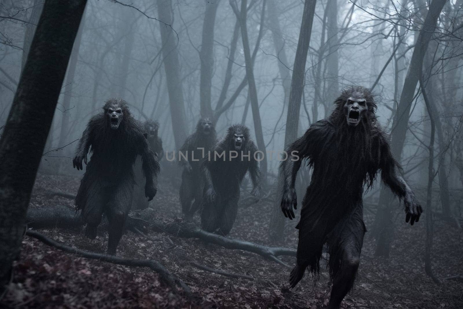 Werewolves are mythical creatures that are half human and half wolf, known for their ferocity and strength. In this scene, a pack of werewolves can be seen running through a misty forest during a full moon, creating a haunting and eerie environment that inspires terror and fascination. (generative AI)
