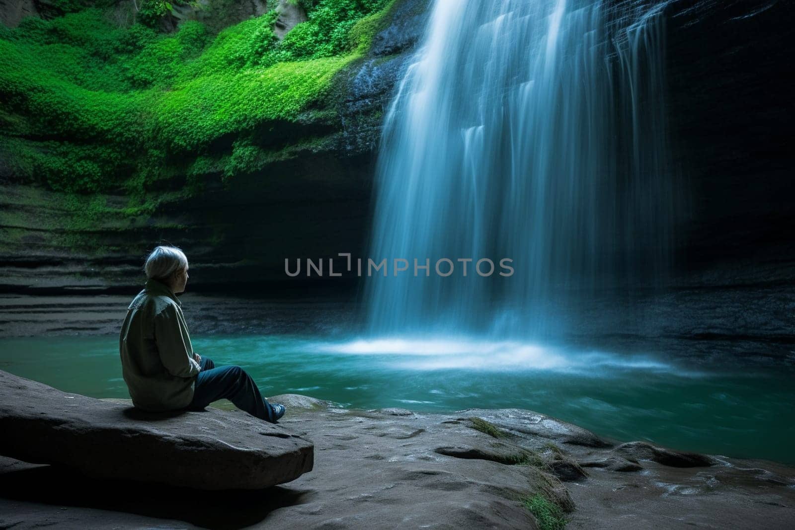 A person sits by a serene waterfall, the sound of the rushing water filling their ears. The natural and refreshing atmosphere induces a sense of relaxation and peace, with the surroundings providing a healing and calming ambiance. This scene is perfect for those looking to explore their inner thoughts or simply enjoy the beauty of nature. (generative AI)