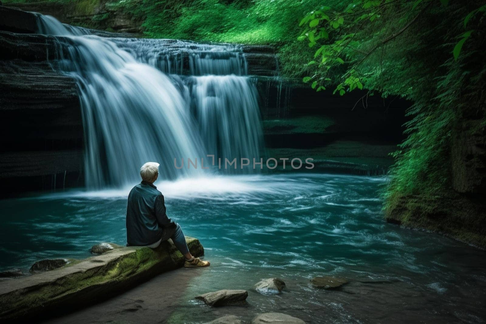 A person sits by a serene waterfall, the sound of the rushing water filling their ears. The natural and refreshing atmosphere induces a sense of relaxation and peace, with the surroundings providing a healing and calming ambiance. This scene is perfect for those looking to explore their inner thoughts or simply enjoy the beauty of nature. (generative AI)