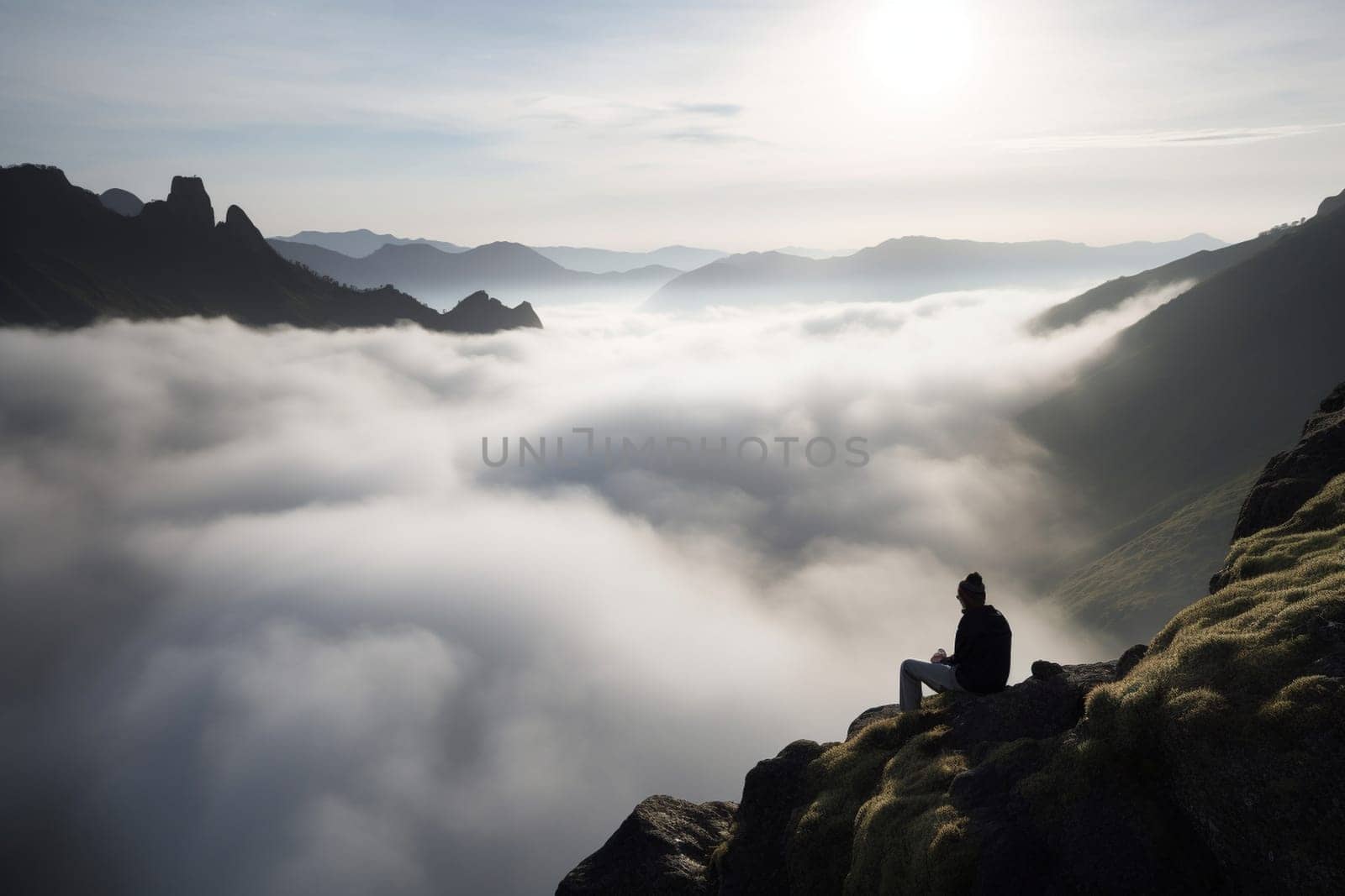 A person sits alone atop a mountain peak, surrounded by mist and clouds. The scene is awe-inspiring and majestic, with the natural light and misty atmosphere adding to the contemplative mood. Surrounded by the beauty of the natural world, the mind is free to contemplate and reflect on life's bigger questions. This scene can evoke feelings of awe, inspiration, and grandeur. (generative AI)