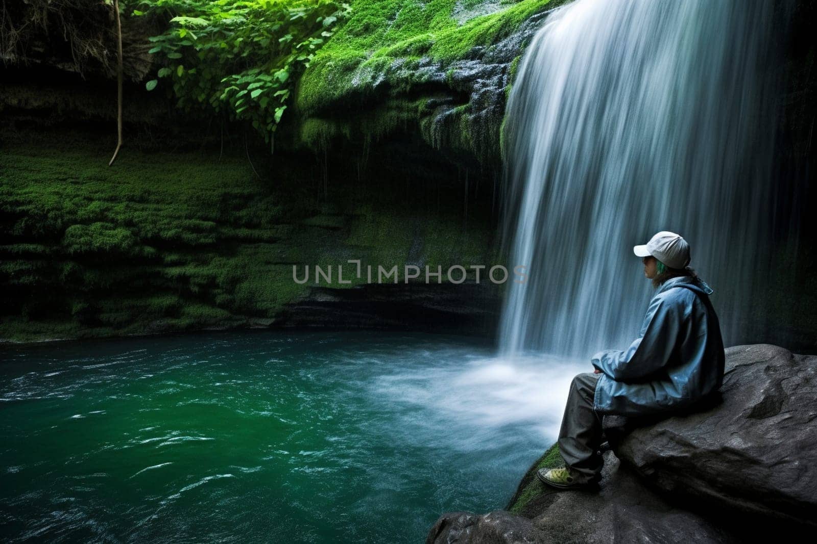 A person sits by a serene waterfall, the sound of the rushing water filling their ears. The natural and refreshing atmosphere induces a sense of relaxation and peace, with the surroundings providing a healing and calming ambiance. This scene is perfect for those looking to explore their inner thoughts or simply enjoy the beauty of nature. (generative AI)
