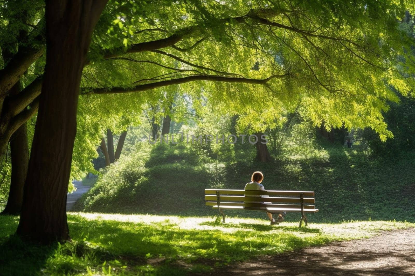 A person sits alone on a bench in a park on a sunny day, surrounded by lush greenery. The scene is uplifting and bright, the sun's rays creating vibrant colors throughout the park. This scene can evoke feelings of hope and positivity. (generative AI)