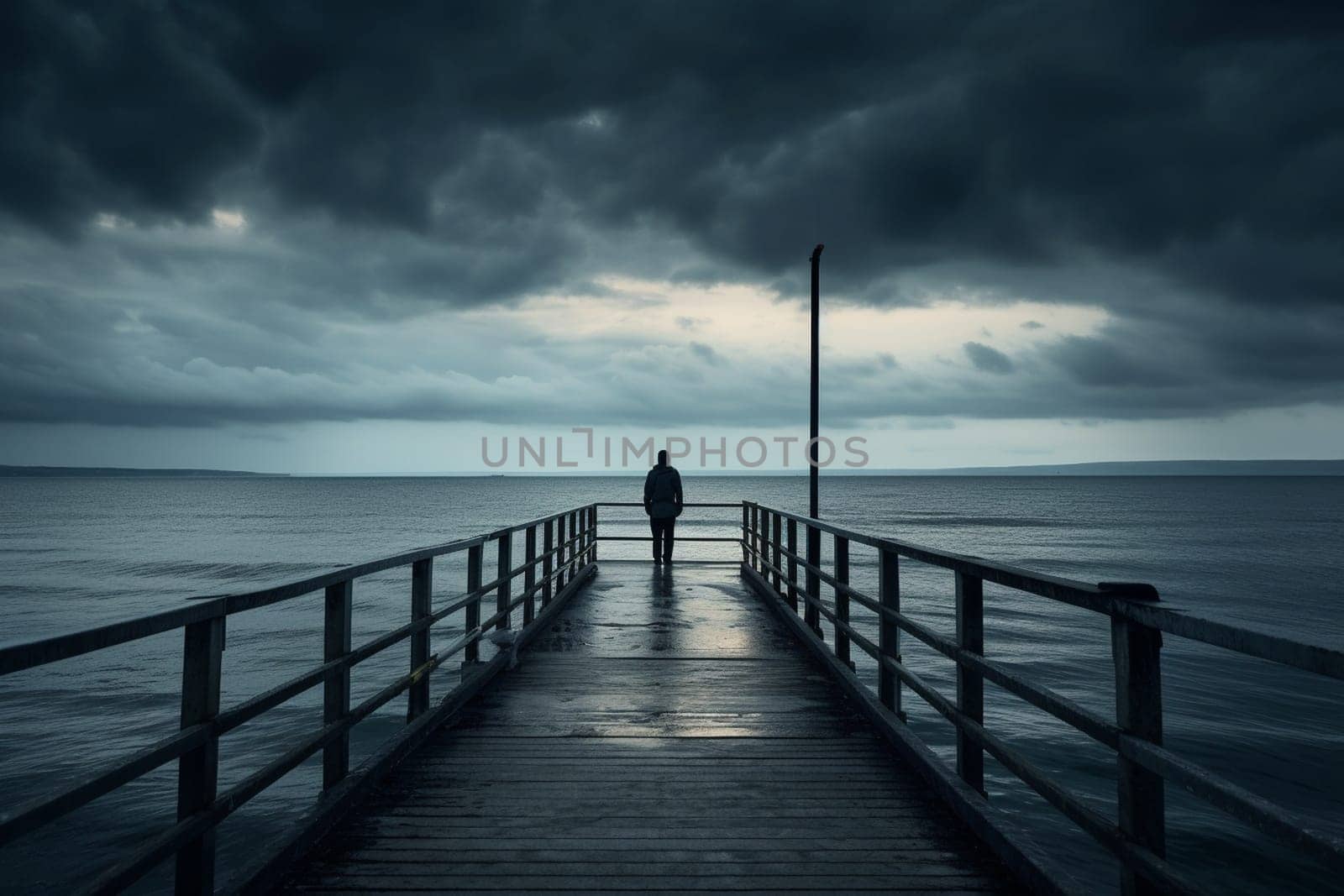 A person stands alone on a pier, looking out at the vast and timeless expanse of the sea. The moody and atmospheric light creates a contemplative and introspective atmosphere, perfect for peaceful contemplation and stillness. (generative AI)