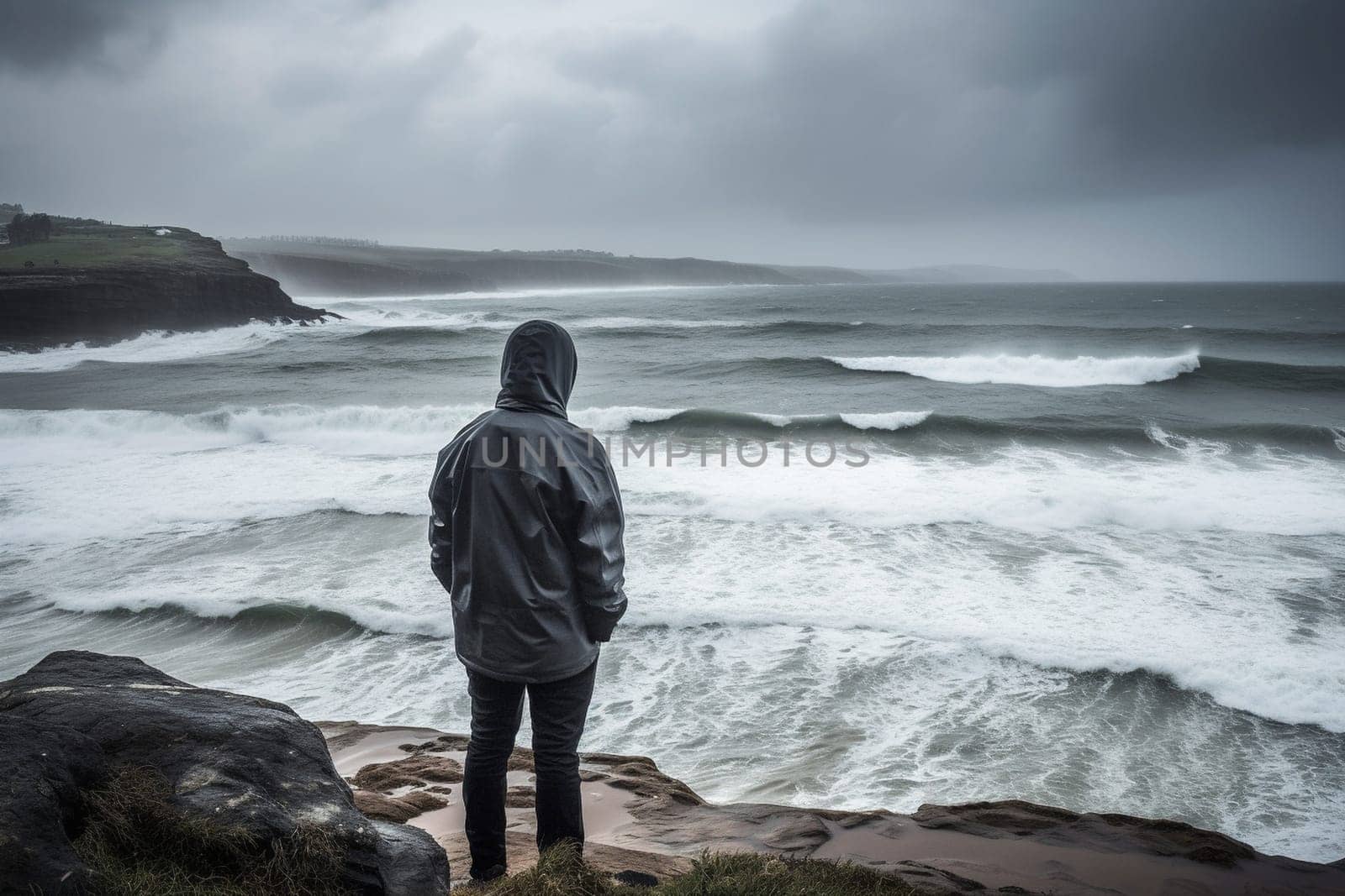 A person stands on a rocky cliff, looking out at the sea during a storm. The scene is dramatic and moody, with the crashing waves and dark clouds creating a powerful and intense atmosphere. This scene can evoke feelings of strength and resilience. (generative AI)