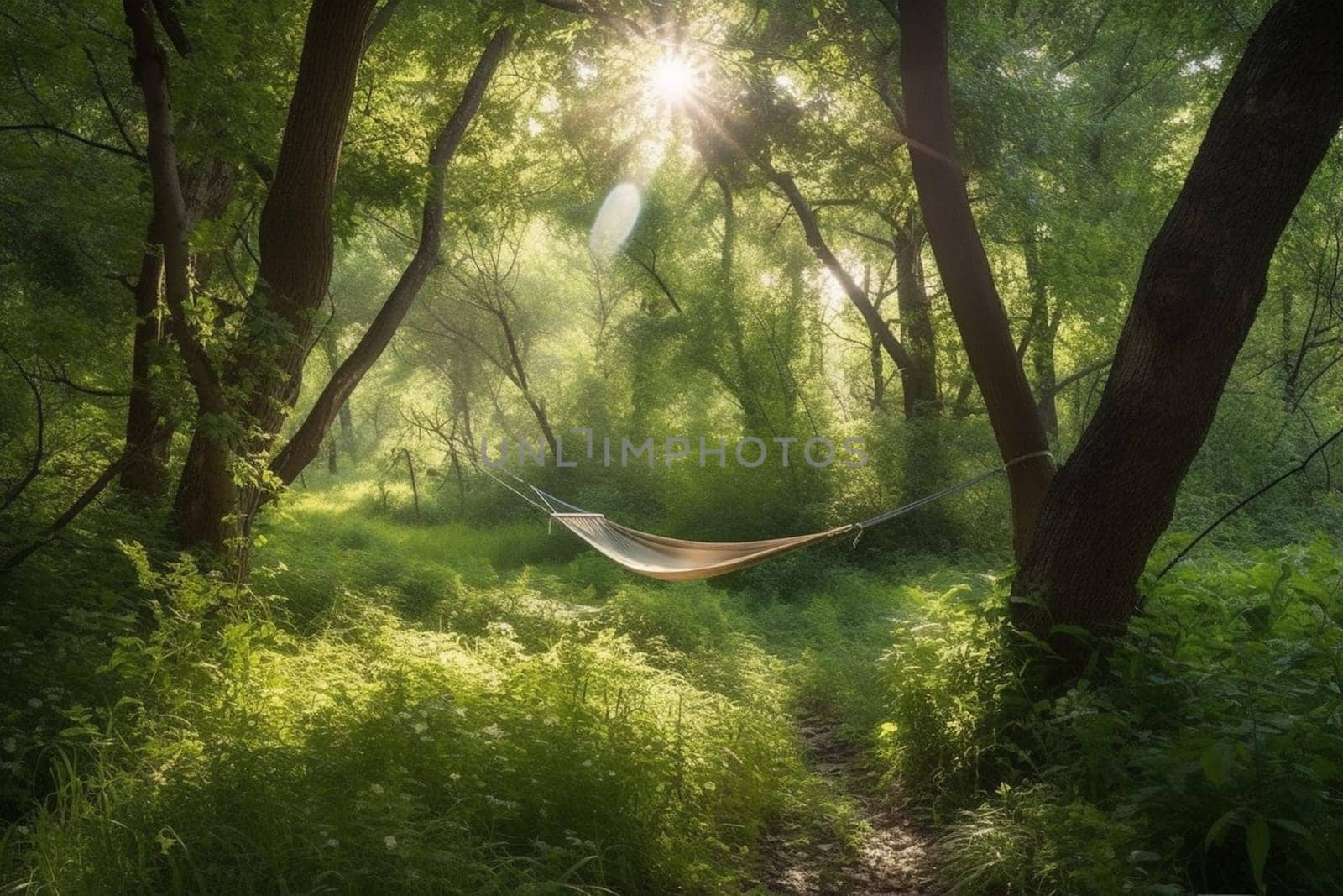 In the middle of a lush forest, there is a tranquil clearing where a hammock is hanging between two trees. The dappled sunlight filters through the trees, casting a warm glow over the peaceful scene. This is a perfect spot to relax, unwind, and feel one with nature. (generative AI)