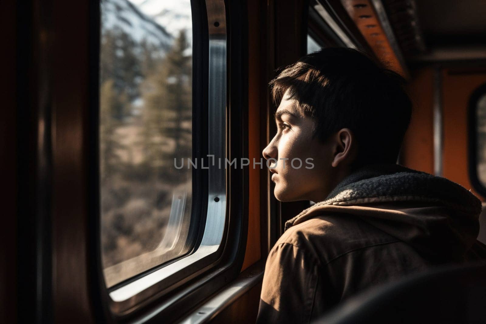 A person looks out the window of a moving train, watching the world blur by in a dynamic and ever-changing scene. The experience of travel fosters introspection and reflection. This scene can evoke feelings of adventure, the fleeting nature of time, and a sense of being on a journey. (generative AI)