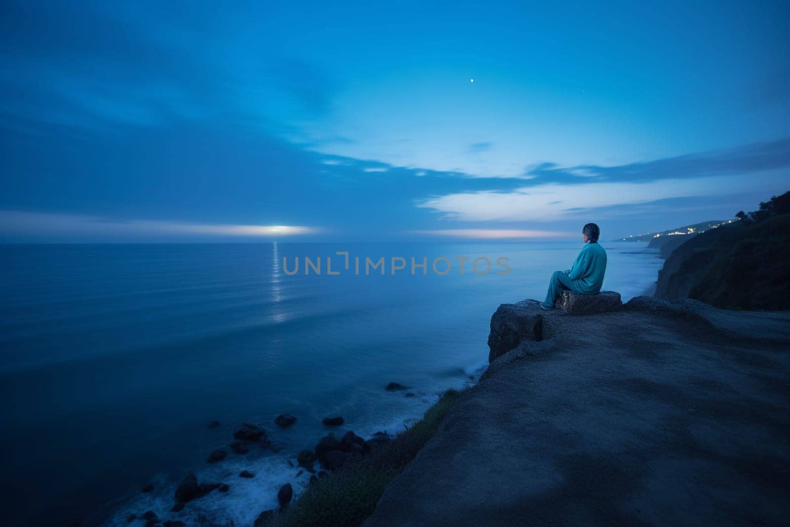 A person sits in meditation at the edge of a cliff overlooking the vast blue of the ocean. The scene is serene and calming, with the blue hour light adding to the reflective and contemplative mood. The sound of the waves crashing against the rocks and the cool breeze help create a harmonious atmosphere for inner reflection and peace. This scene can evoke feelings of calmness, serenity, and introspection. (generative AI)