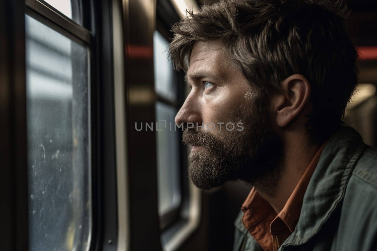 A person looks out the window of a moving train, watching the world blur by in a dynamic and ever-changing scene. The experience of travel fosters introspection and reflection. This scene can evoke feelings of adventure, the fleeting nature of time, and a sense of being on a journey. (generative AI)