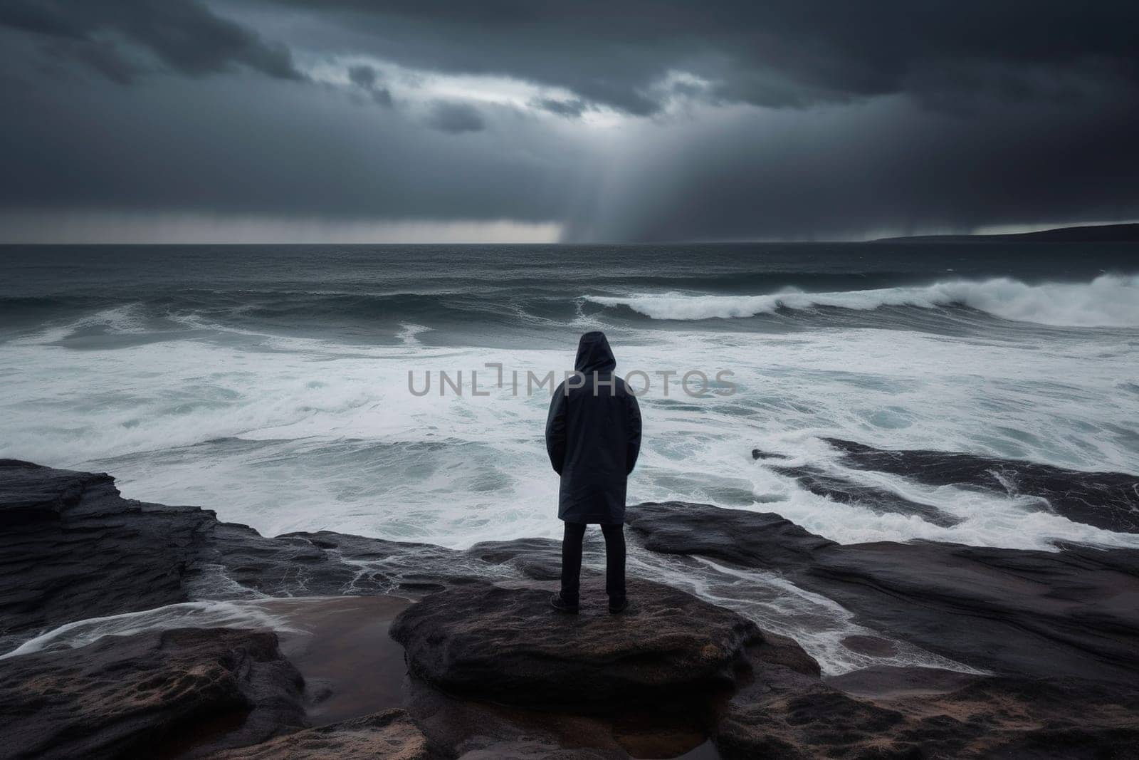 A person stands on a rocky cliff, looking out at the sea during a storm. The scene is dramatic and moody, with the crashing waves and dark clouds creating a powerful and intense atmosphere. This scene can evoke feelings of strength and resilience. (generative AI)