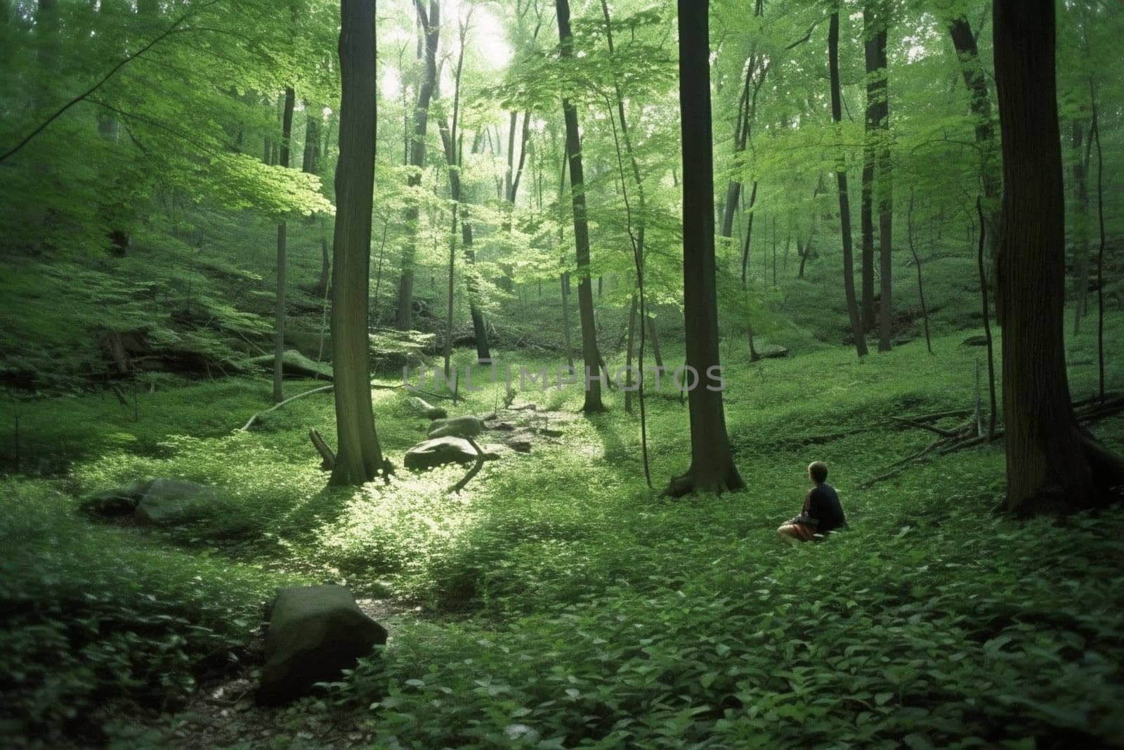A person sits in a quiet, serene forest glade, surrounded by tall trees and lush greenery. The sounds of birds and rustling leaves are the only distractions from the peace and stillness of the scene. The person is in a deep state of meditation, at one with nature and their inner self. This scene can evoke feelings of tranquility, calm, and inner peace. (generative AI)
