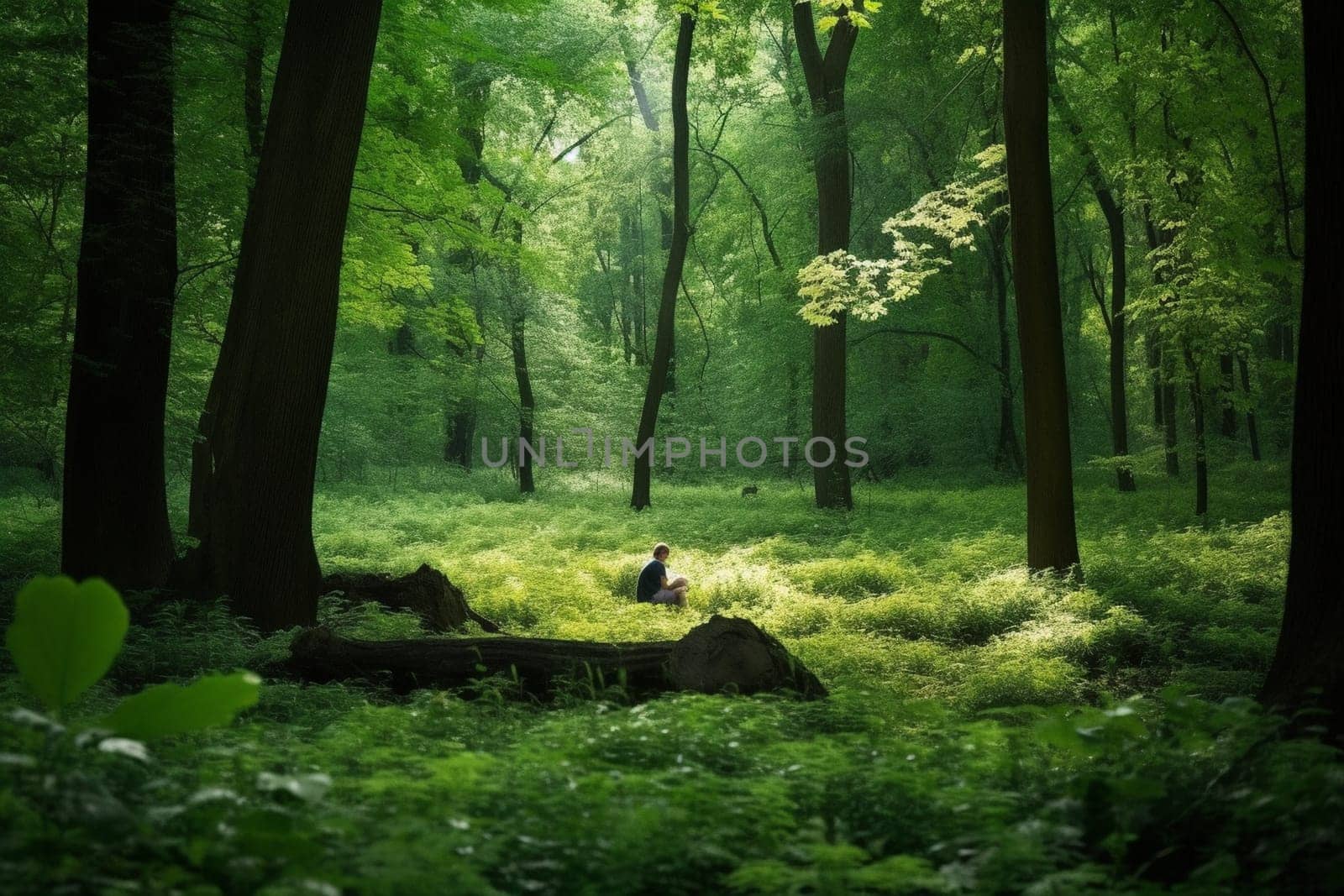 A person sits in a quiet, serene forest glade, surrounded by tall trees and lush greenery. The sounds of birds and rustling leaves are the only distractions from the peace and stillness of the scene. The person is in a deep state of meditation, at one with nature and their inner self. This scene can evoke feelings of tranquility, calm, and inner peace. (generative AI)
