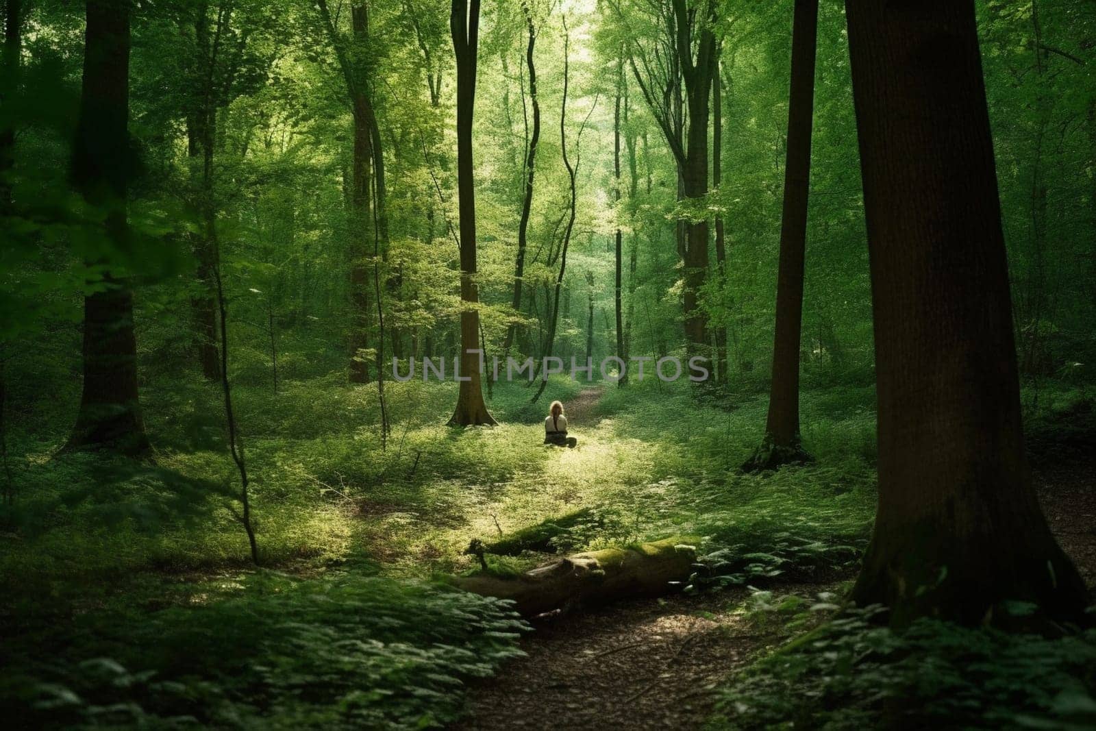 A person sits in a tranquil meditation pose, surrounded by the lush greenery of a forest. The natural and serene atmosphere induces a sense of inner peace and contemplation, making this scene perfect for meditating or exploring one's inner self. The forest provides a harmonious and spiritual backdrop, adding to the overall sense of tranquility. (generative AI)