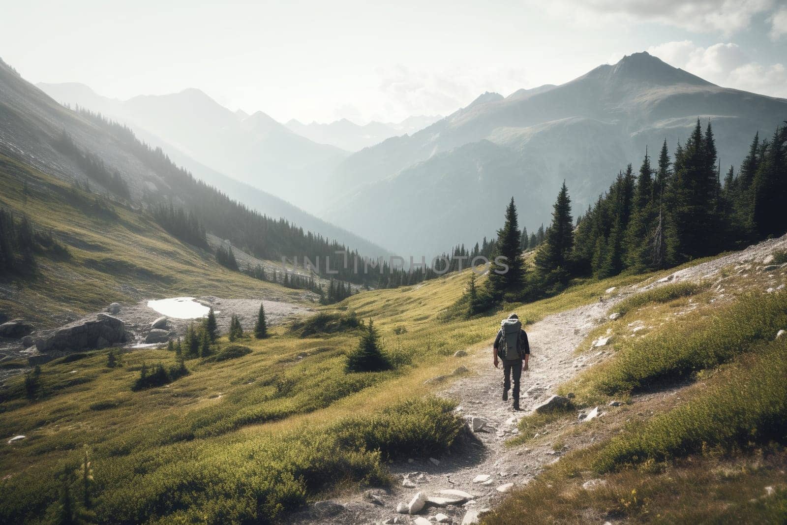 A person hikes alone in the mountains, surrounded by the natural beauty of the landscape. The solitude of the mountains offers a chance for self-discovery and introspection. This scene can evoke feelings of adventure, discovery, and a sense of peace and rejuvenation. (generative AI)