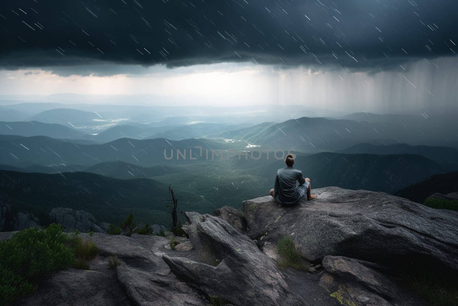 A person meditates on a mountaintop in the middle of a thunderstorm, surrounded by the intense power of nature. The dark clouds, flashes of lightning, and booming thunder create a dramatic and intense atmosphere that ignites the senses. The stark beauty of the landscape adds to the sense of spirituality in the scene. This scene can evoke feelings of introspection, wonder, and a sense of connection with a higher power. (generative AI)