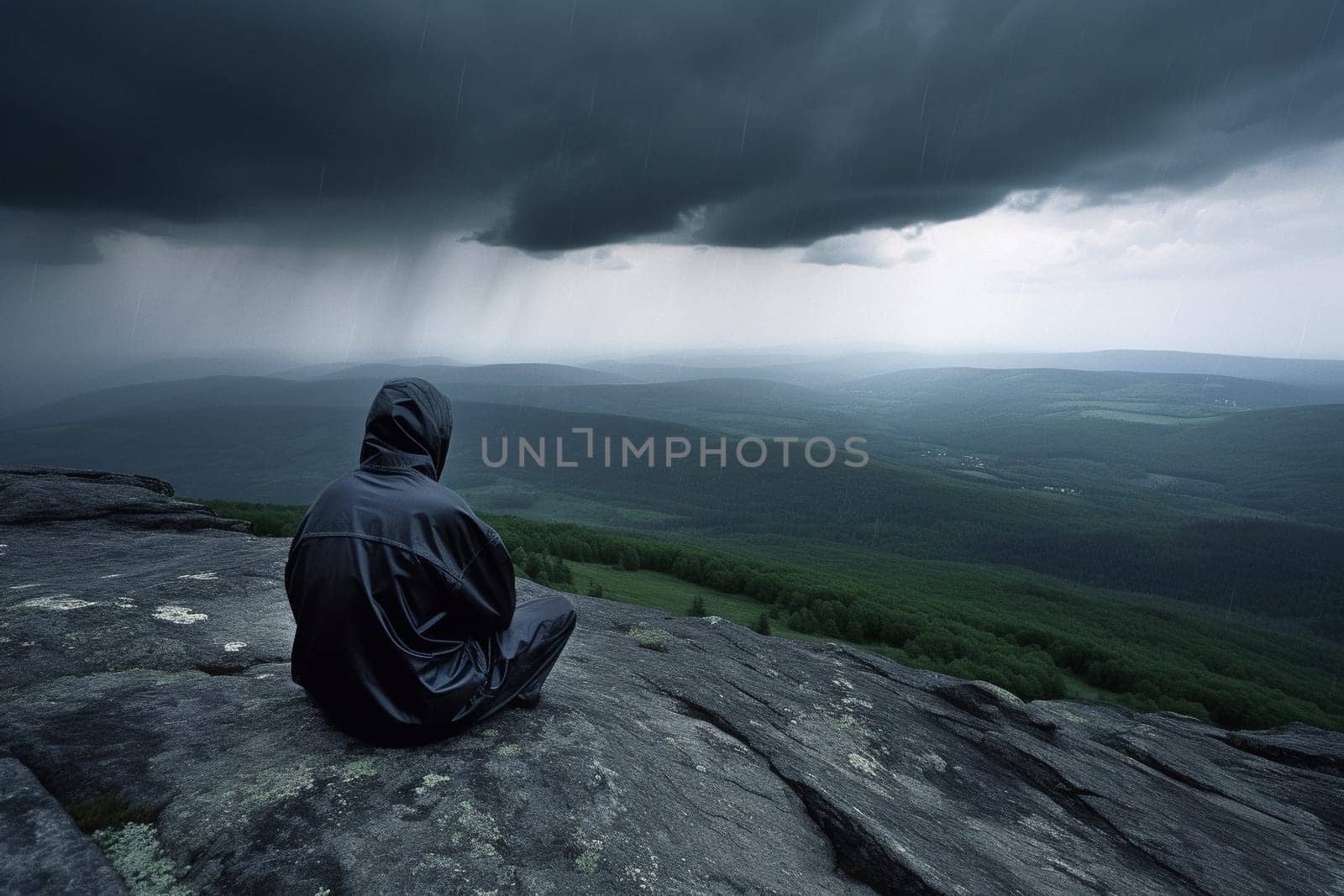 A person meditates on a mountaintop in the middle of a thunderstorm, surrounded by the intense power of nature. The dark clouds, flashes of lightning, and booming thunder create a dramatic and intense atmosphere that ignites the senses. The stark beauty of the landscape adds to the sense of spirituality in the scene. This scene can evoke feelings of introspection, wonder, and a sense of connection with a higher power. (generative AI)