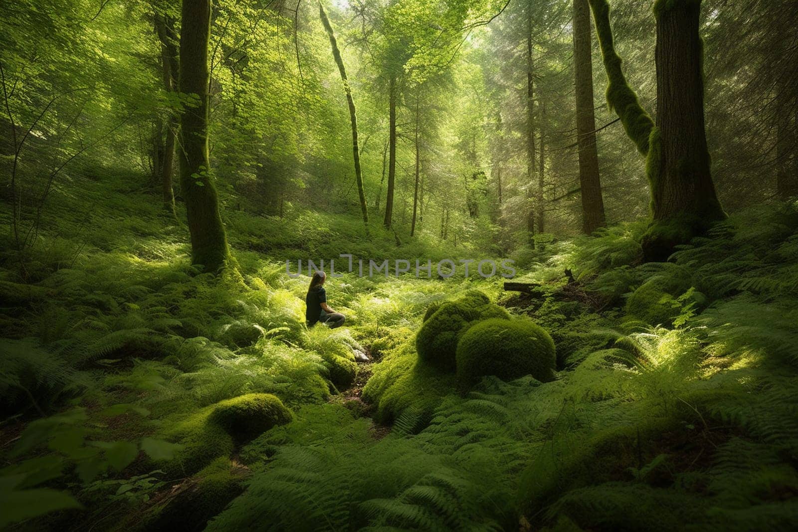 A person sits in a tranquil meditation pose, surrounded by the lush greenery of a forest. The natural and serene atmosphere induces a sense of inner peace and contemplation, making this scene perfect for meditating or exploring one's inner self. The forest provides a harmonious and spiritual backdrop, adding to the overall sense of tranquility. (generative AI)