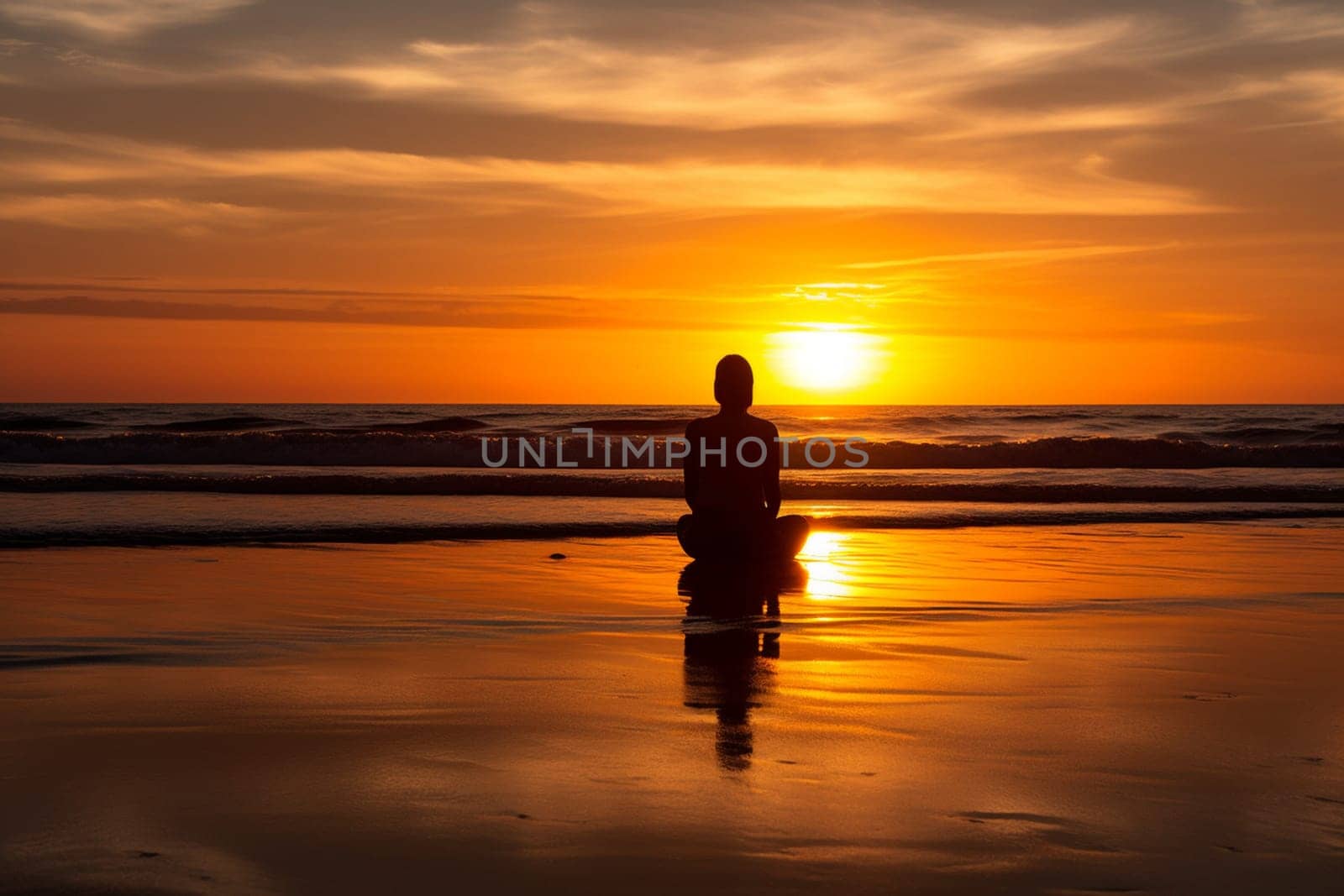 A person sits in meditation on the beach as the sun sets behind them. The warm colors of the sky cast a vibrant glow on the surroundings, creating a tranquil and peaceful scene. The sound of the waves adds to the natural atmosphere of the scene, evoking feelings of serenity and calmness. (generative AI)