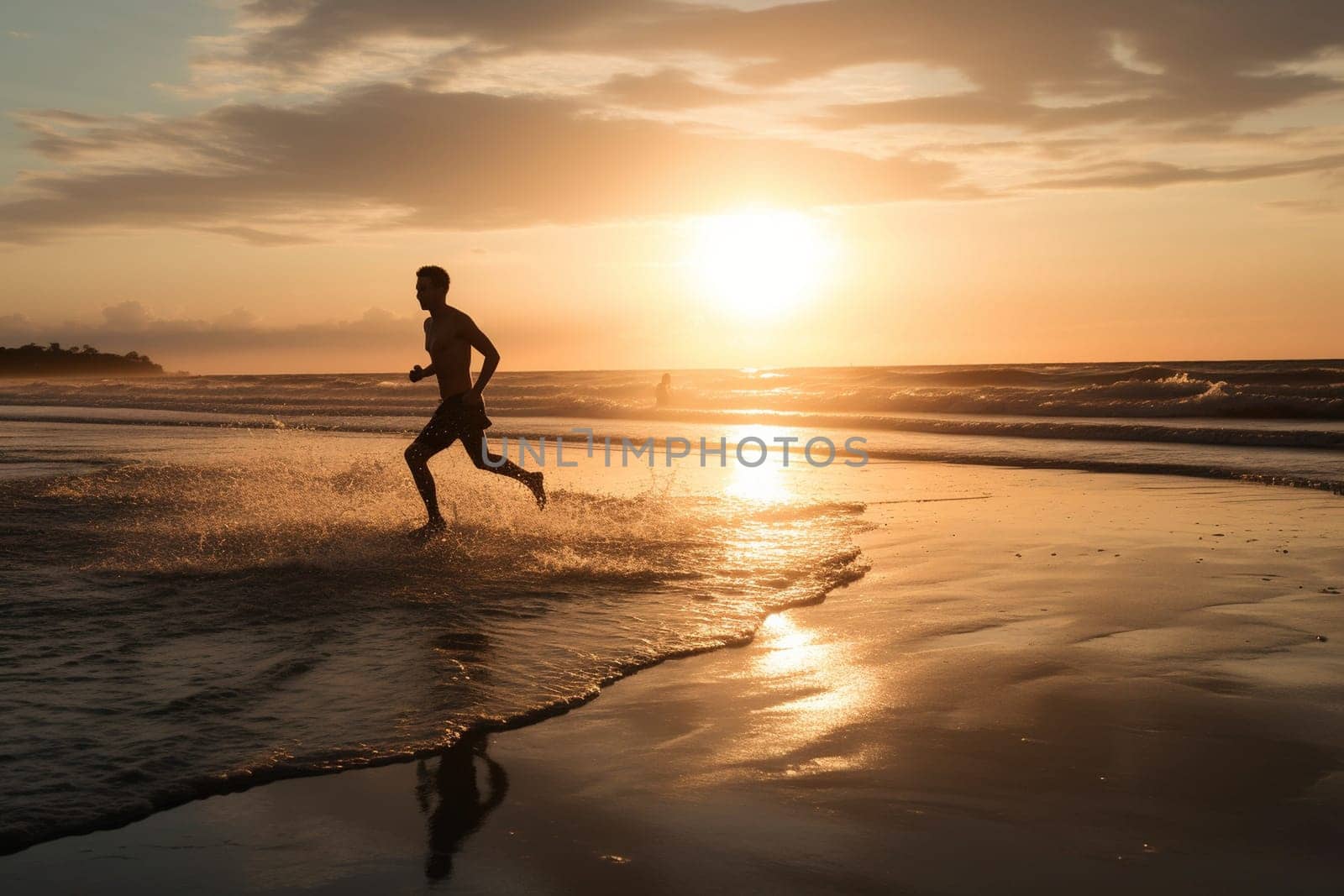 A person moves energetically along the beach, running into the sunset. The vibrant and active atmosphere captures the essence of a refreshing and beachy summer day, with the warm sun casting a golden glow over everything. This scene evokes feelings of freedom and liberation, making it perfect for those who love to move and explore. (generative AI)