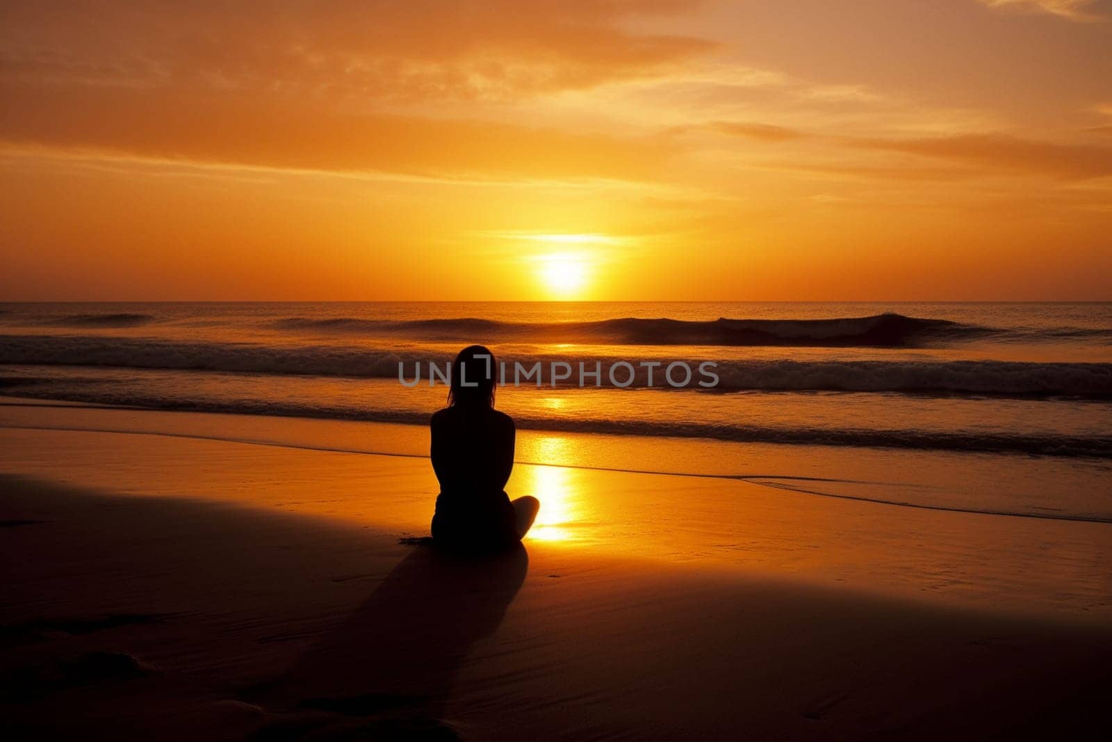 A person sits in meditation on the beach as the sun sets behind them. The warm colors of the sky cast a vibrant glow on the surroundings, creating a tranquil and peaceful scene. The sound of the waves adds to the natural atmosphere of the scene, evoking feelings of serenity and calmness. (generative AI)