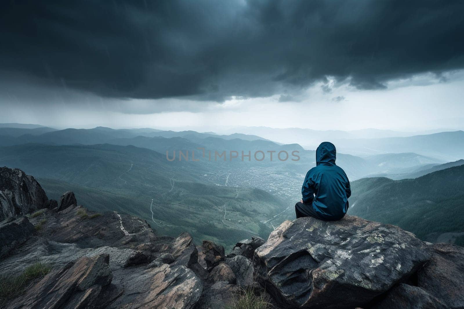 A person meditates on a mountaintop in the middle of a thunderstorm, surrounded by the intense power of nature. The dark clouds, flashes of lightning, and booming thunder create a dramatic and intense atmosphere that ignites the senses. The stark beauty of the landscape adds to the sense of spirituality in the scene. This scene can evoke feelings of introspection, wonder, and a sense of connection with a higher power. (generative AI)