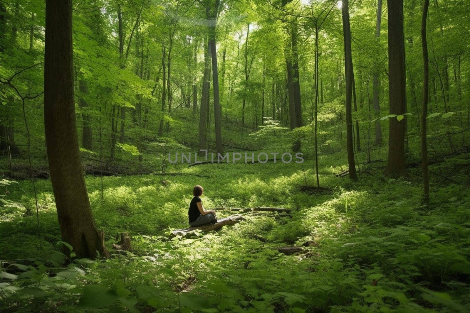 A person sits in a quiet, serene forest glade, surrounded by tall trees and lush greenery. The sounds of birds and rustling leaves are the only distractions from the peace and stillness of the scene. The person is in a deep state of meditation, at one with nature and their inner self. This scene can evoke feelings of tranquility, calm, and inner peace. (generative AI)