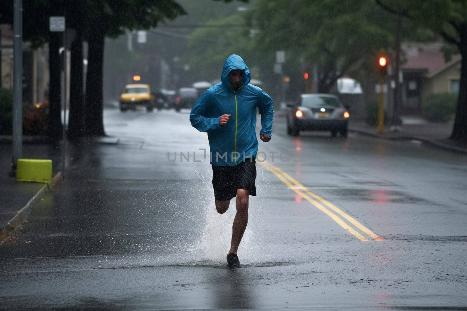 A person runs energetically through the rain, without an umbrella, soaking wet from head to toe. The scene is dynamic and lively, with the rain creating a high contrast atmosphere. The refreshing coldness of the rain and the freedom of running create a natural rhythm in the mind and body, wiping away stress and daily concerns. This scene can evoke feelings of freedom, energy, and mental clarity. (generative AI)