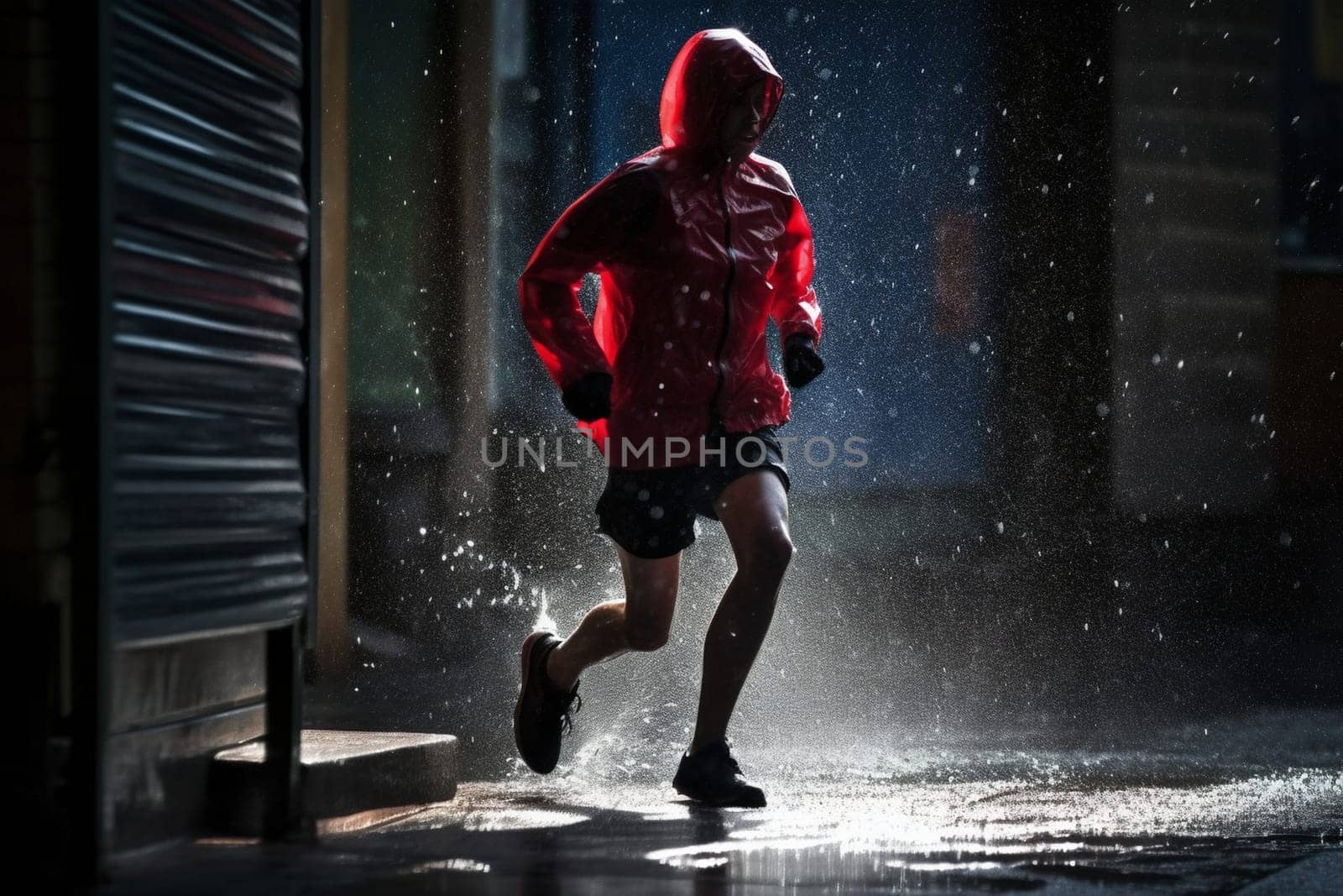 A person runs energetically through the rain, without an umbrella, soaking wet from head to toe. The scene is dynamic and lively, with the rain creating a high contrast atmosphere. The refreshing coldness of the rain and the freedom of running create a natural rhythm in the mind and body, wiping away stress and daily concerns. This scene can evoke feelings of freedom, energy, and mental clarity. (generative AI)