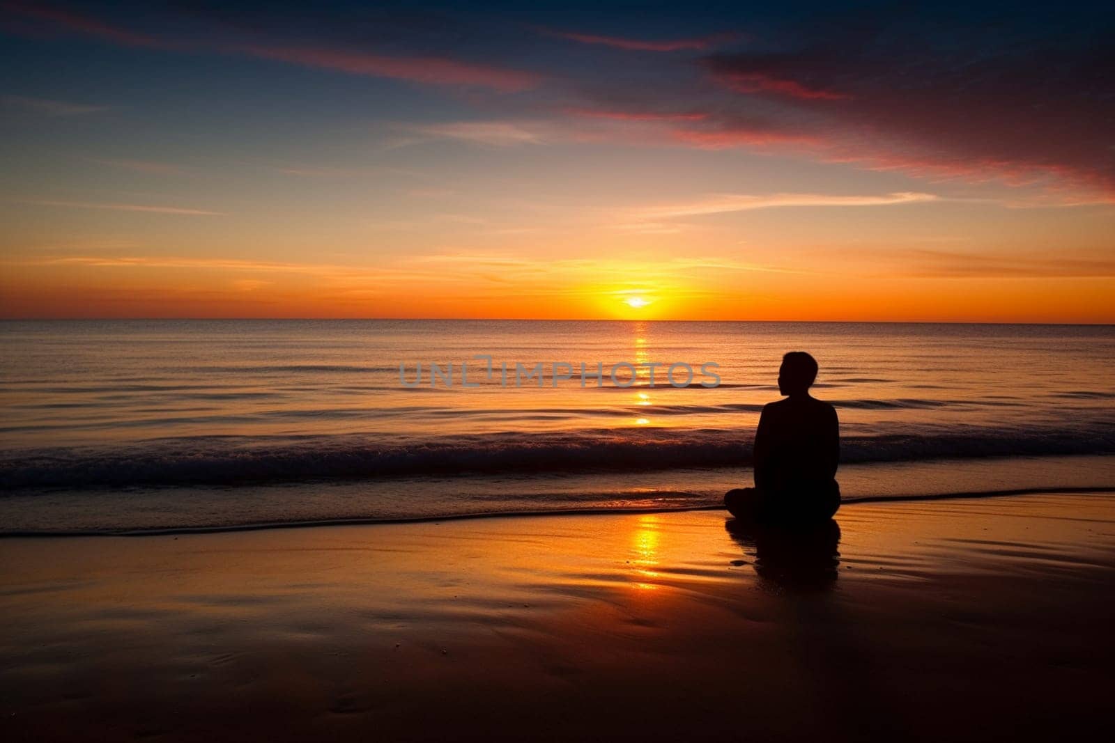 A person sits in meditation on the beach as the sun sets behind them. The warm colors of the sky cast a vibrant glow on the surroundings, creating a tranquil and peaceful scene. The sound of the waves adds to the natural atmosphere of the scene, evoking feelings of serenity and calmness. (generative AI)