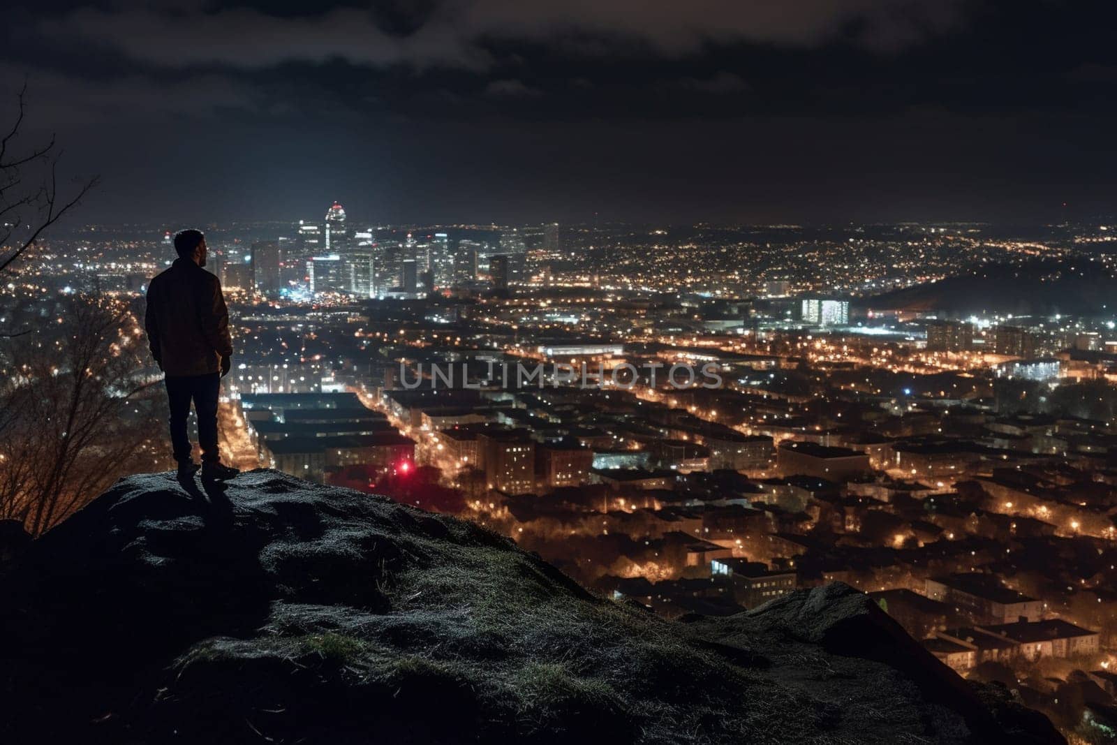 A person stands on the edge of a cliff, looking out over a vast cityscape at nighttime. The scene is dramatic and high contrast, with the lit-up urban landscape adding a reflective and inspiring touch. The vastness of the city and its nighttime glow helps the mind to contemplate society and the world we live in. This scene can evoke feelings of awe, contemplation, and inspiration. (generative AI)