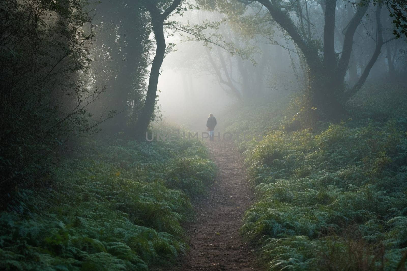 The person walks along the misty forest path, surrounded by the serene and peaceful silence of the natural world. The early morning lighting adds a sense of calm to the environment, with the forest path stretching out before them, ready for adventure. This scene encompasses the feeling of peace and serenity that comes with being in the heart of nature. (generative AI)