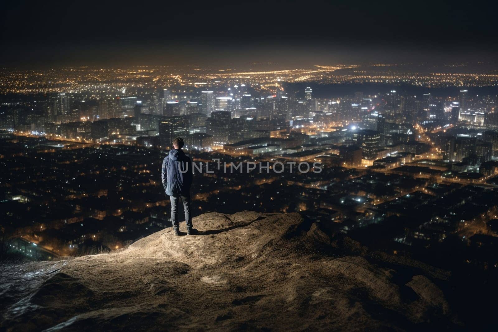 A person stands on the edge of a cliff, looking out over a vast cityscape at nighttime. The scene is dramatic and high contrast, with the lit-up urban landscape adding a reflective and inspiring touch. The vastness of the city and its nighttime glow helps the mind to contemplate society and the world we live in. This scene can evoke feelings of awe, contemplation, and inspiration. (generative AI)