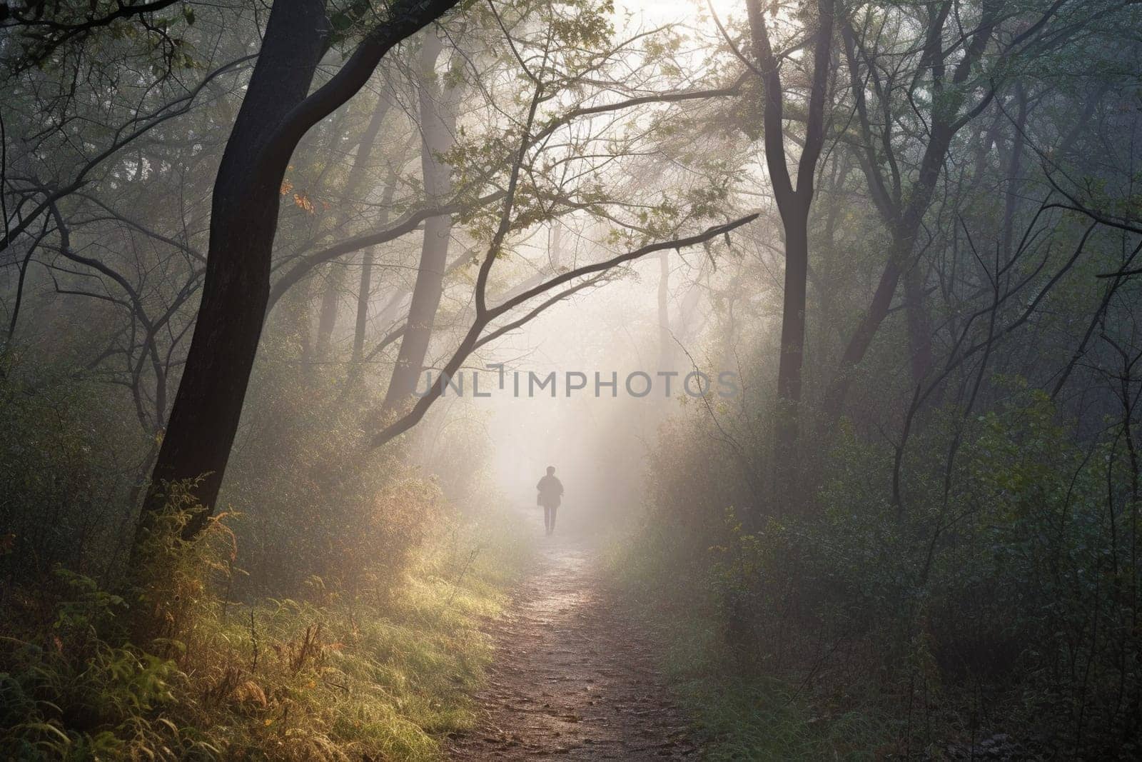 The person walks along the misty forest path, surrounded by the serene and peaceful silence of the natural world. The early morning lighting adds a sense of calm to the environment, with the forest path stretching out before them, ready for adventure. This scene encompasses the feeling of peace and serenity that comes with being in the heart of nature. (generative AI)