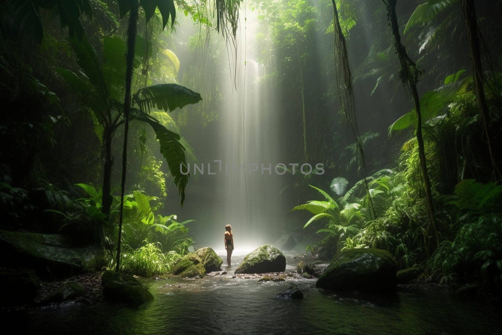 A person stands under a powerful waterfall in the middle of the jungle, surrounded by the natural beauty and wonder of the environment. The scene is invigorating and refreshing, with the natural light and wet atmosphere adding to the introspective and awe-inspiring mood. The powerful force of the waterfall helps the mind to focus and contemplate the power of nature. This scene can evoke feelings of inspiration, awe, and mental clarity. (generative AI)