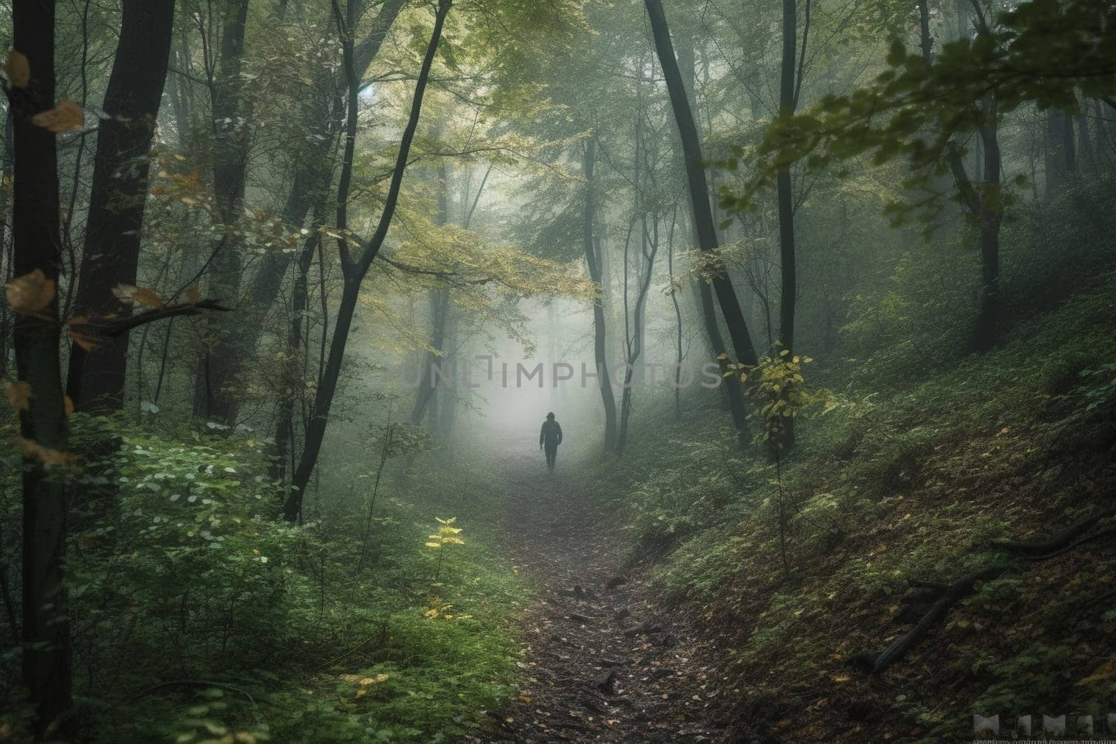 A person walks through a misty forest, surrounded by lush greenery and a mysterious atmosphere. The scene is peaceful and quiet, with the mist adding to the natural beauty of the forest. This scene can evoke feelings of calmness and introspection. (generative AI)