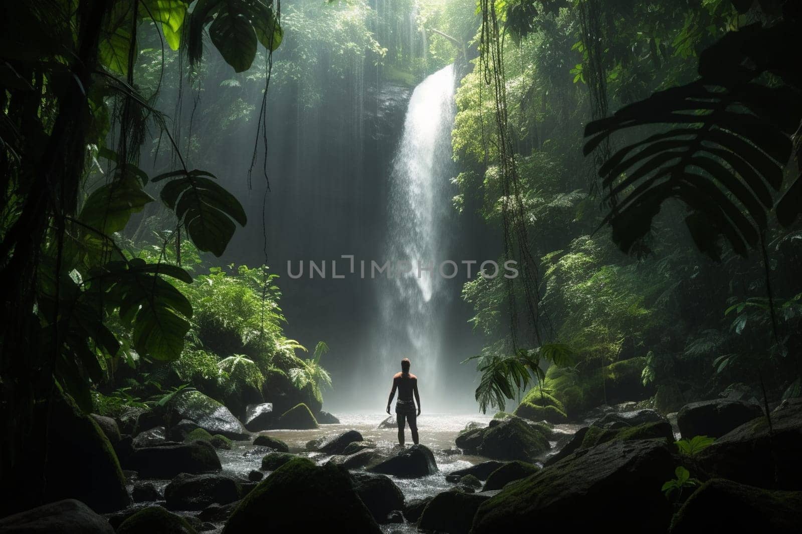 A person stands under a powerful waterfall in the middle of the jungle, surrounded by the natural beauty and wonder of the environment. The scene is invigorating and refreshing, with the natural light and wet atmosphere adding to the introspective and awe-inspiring mood. The powerful force of the waterfall helps the mind to focus and contemplate the power of nature. This scene can evoke feelings of inspiration, awe, and mental clarity. (generative AI)