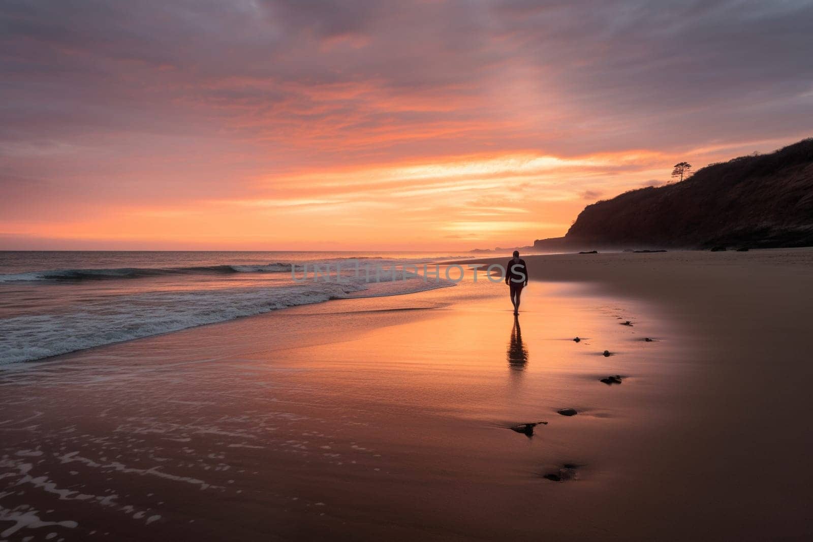 A person walks contemplatively on a secluded beach, surrounded by the warm light of the sunset and the calming sounds of the waves. The scene is peaceful and serene, with the orange hour light creating a contemplative mood. The sight of the sea and the sound of the waves helps the mind to focus, reflect, and achieve inner peace. This scene can evoke feelings of calmness, serenity, and inner harmony. (generative AI)