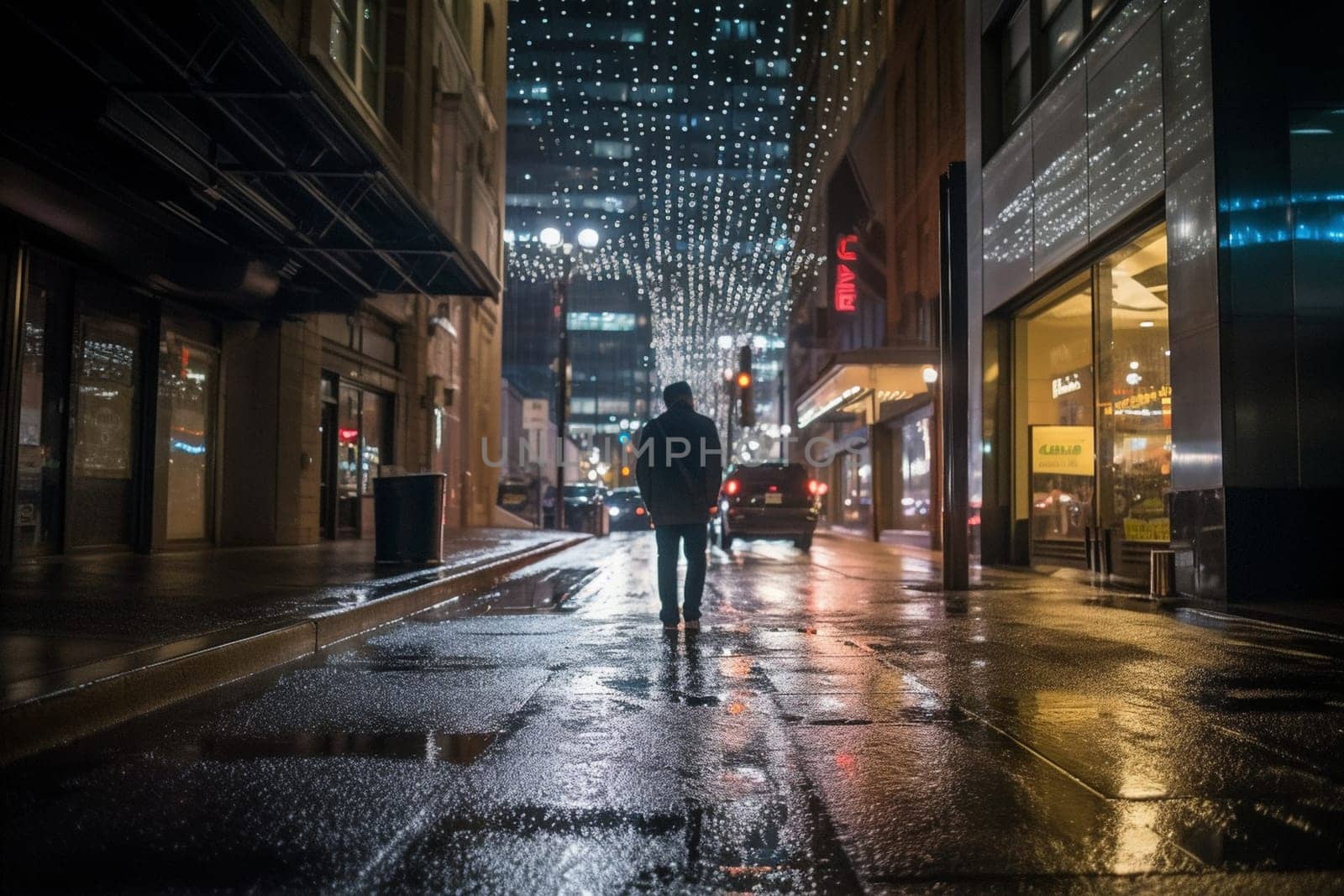 In the middle of a bustling city street at night, a person walks alone, looking up at the bright and colorful lights all around them. The scene is dramatic and energetic, with the sound of cars passing by and people rushing about. This setting can evoke feelings of excitement, reflection, and the energy of city life. (generative AI)