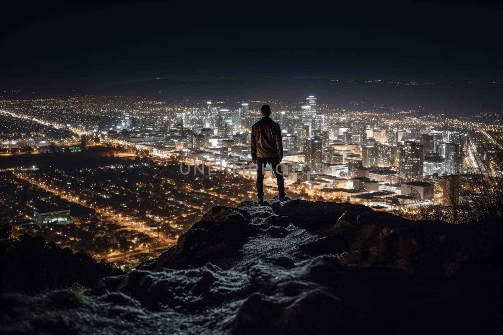 A person stands on the edge of a cliff, looking out over a vast cityscape at nighttime. The scene is dramatic and high contrast, with the lit-up urban landscape adding a reflective and inspiring touch. The vastness of the city and its nighttime glow helps the mind to contemplate society and the world we live in. This scene can evoke feelings of awe, contemplation, and inspiration. (generative AI)